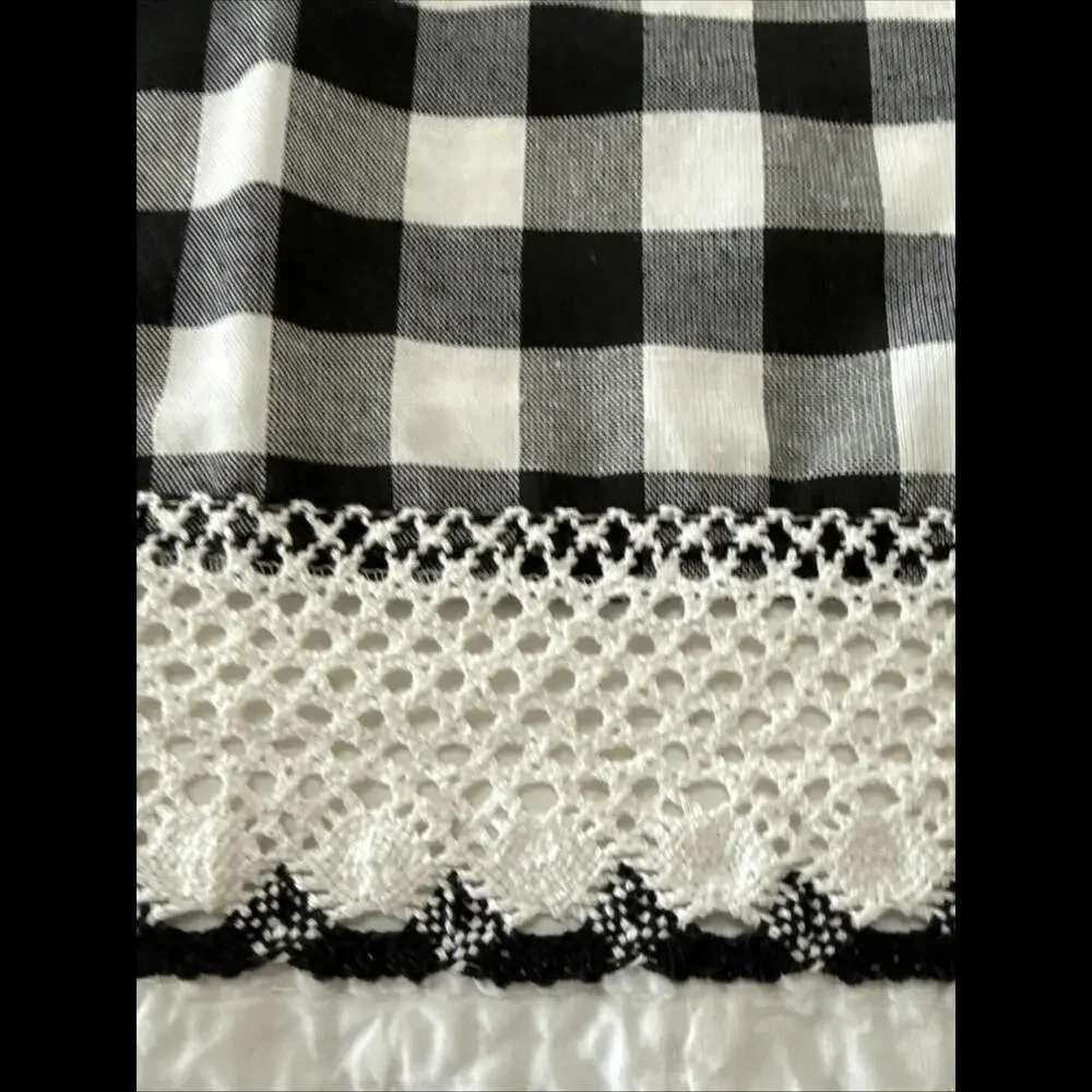 2 Buffalo Plaid Kitchen Curtains Valance Black White Check Crochet Trim 15x58”​